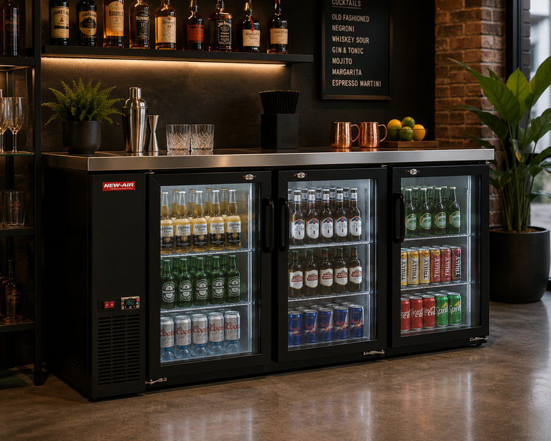 New Air NBB-90-SG Triple Glass Door 90" Back Bar Refrigerator Cooler - 916 L / 32 Cu. Ft. - Ideal for Bars, Restaurants, Hotels & Cafés