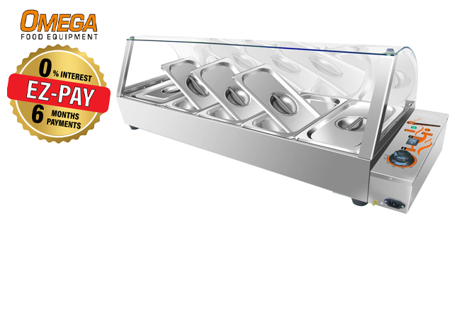Omega ZEB-94 Electric Bain Marie with Curved Glass Guard - Fits 1 PC 1/2 Size & 4 PCs 1/3 Size Pans