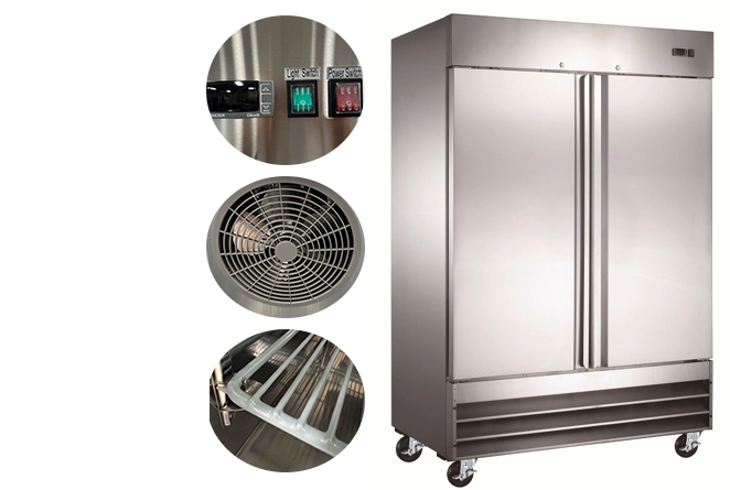 Interior of Canco SSR-1020 commercial refrigerator showing shelves and lighting