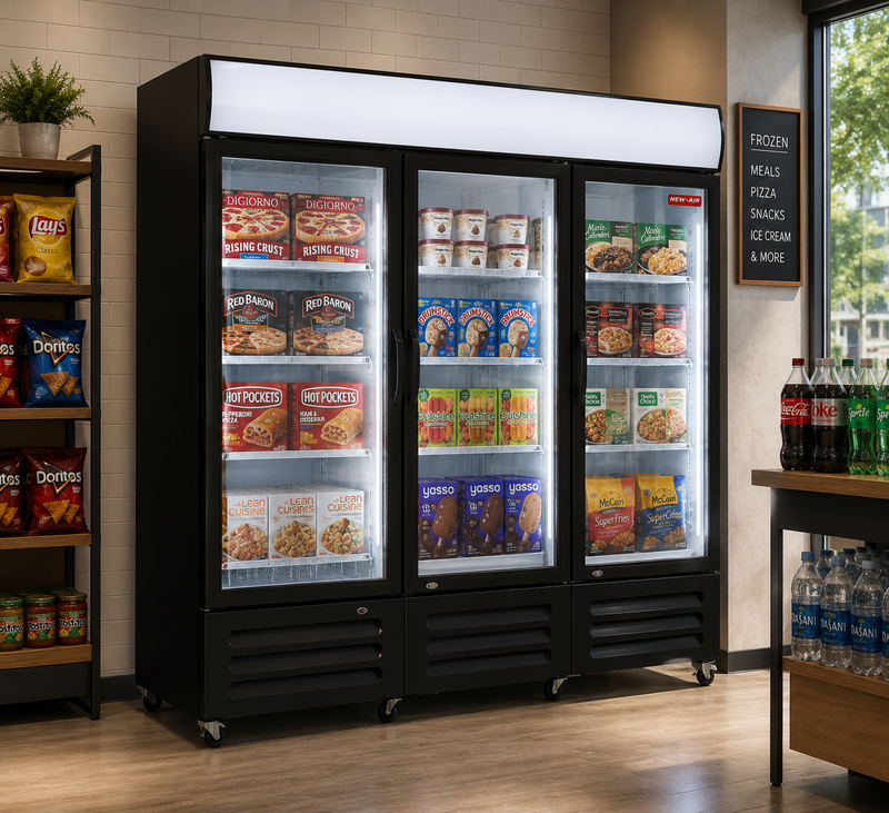 NEW AIR NGF-182-H Commercial 78" Triple Glass Door Freezer Merchandiser - Ideal for Convenience Stores, Front of House, Grocery Stores, Restaurants & Cafés