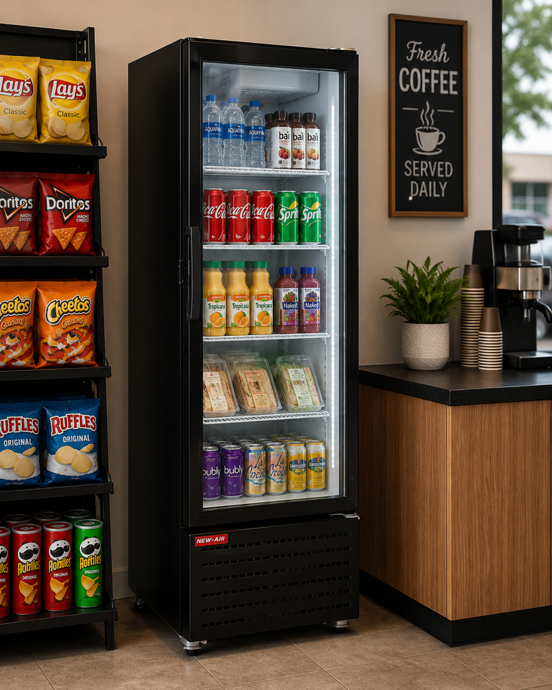 NEW AIR NGR-17-77H Commercial 17" Glass Door Refrigerator Merchandiser All Black - Ideal for Convenience Stores, Front of House, Grocery Stores, Restaurants & Cafés