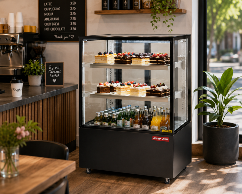 NEW AIR NDC-36-SG Commercial 36" Floor Model Refrigerated Square Display Case - 417 L / 14.7 Cu. Ft. - Ideal for Restaurants, Cafés & Bakeries