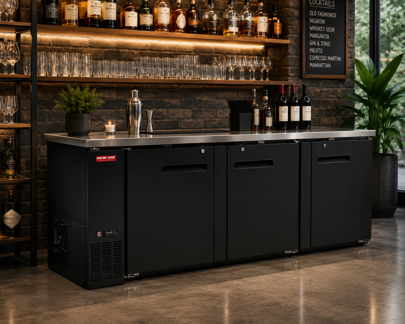 New Air NBB-90-SB Triple Solid Door 90 Back Bar Refrigerator Cooler - 916 L / 32 Cu. Ft. - Ideal for Bars, Restaurants, Hotels & Cafés