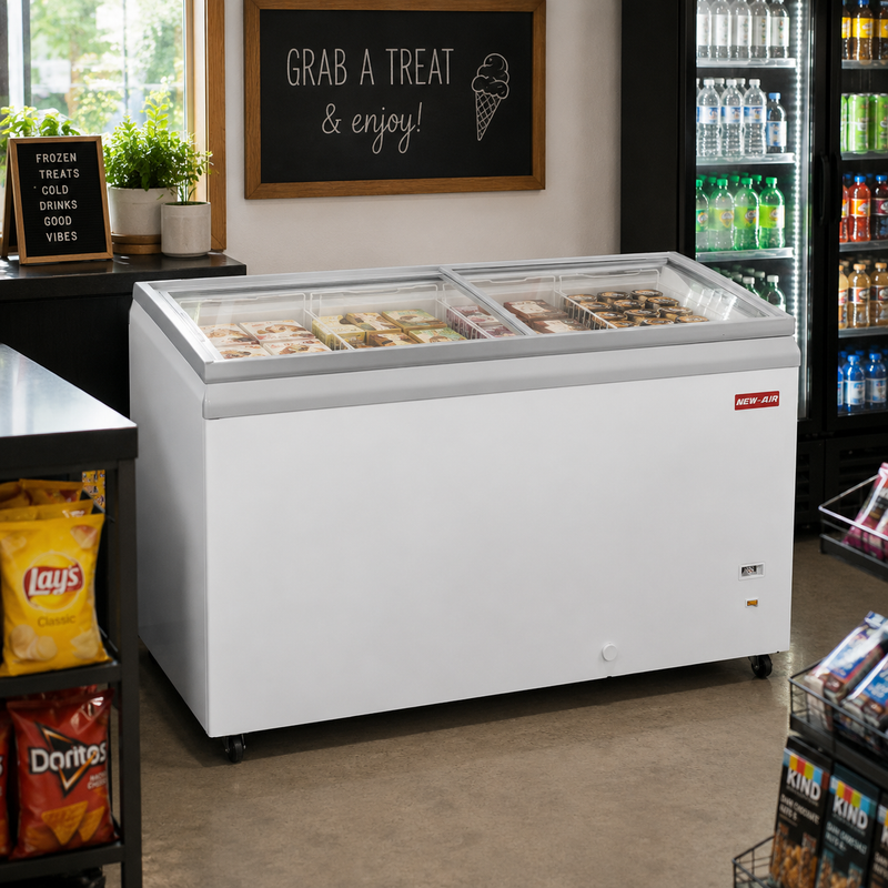 NEW AIR NIF-50-FG Commercial 50" Flat Glass 11 Cu. Ft. Ice Cream Freezer - Ideal for Restaurants, Shops, Convenience Stores, Supermarkets and Cafeterias