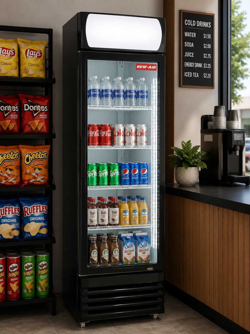 NEW AIR NGR-036L-H Commercial 24" Single Glass Door Merchandiser Refrigerator - Left Hinge - Ideal for Convenience Stores, Front of House, Grocery Store, Restaurants & Cafés
