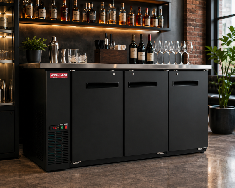 New Air NBB-72-SB-N Triple Solid Door 23" Narrow Back Bar Refrigerator Cooler - 555 L / 19.6 Cu. Ft. - Ideal for Bars, Restaurants, Hote1ls & Cafés
