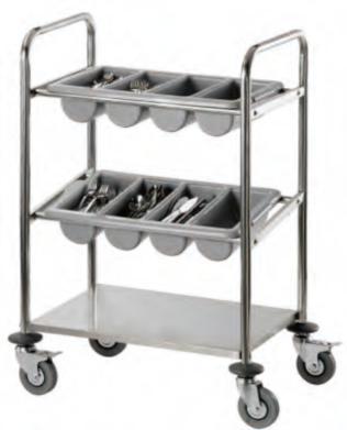 Omega Cutlery Trolley for Cutlery with 2 Cutlery Inserts, Stainless Steel Trolley with 4 Casters - Metal Storage Board