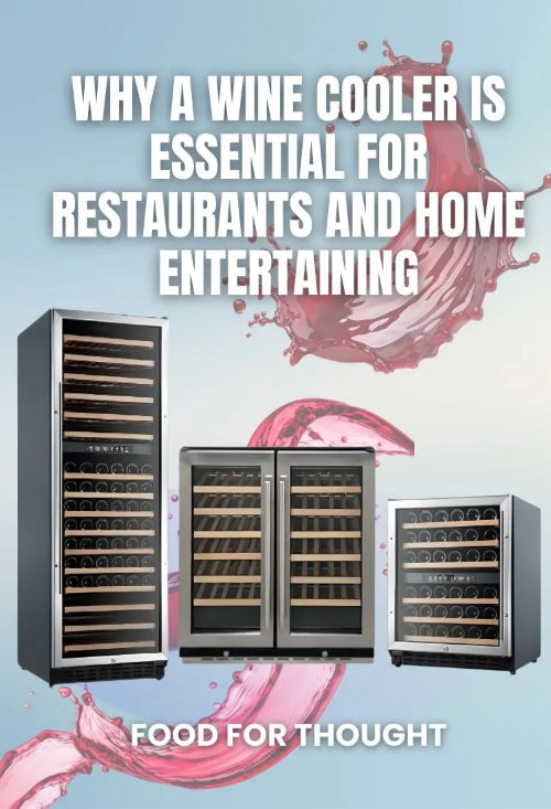 Wine coolers with pink wine graphics and text on a light blue background