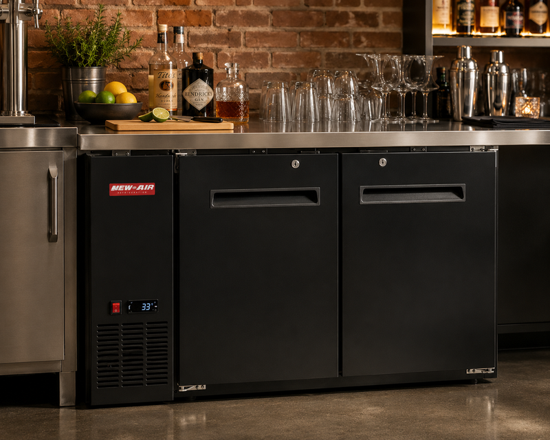 New Air NBB-48-SB-N Single Solid Door 48? Narrow Back Bar Beverage Refrigerator Cooler - 339 L / 12 Cu. Ft. - Ideal for Bars, Restaurants, Hotels & Cafés