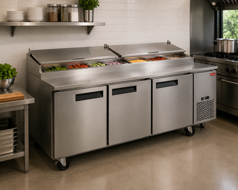 NEW AIR NPT-092-PI Commercial 92? Stainless Steel Triple Door Refrigerated Pizza Prep Table