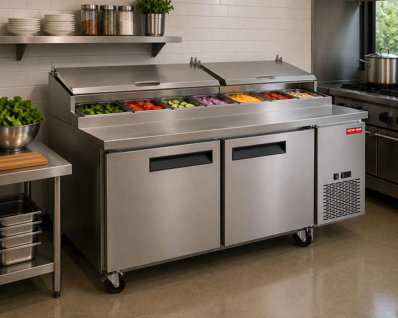 NEW AIR NPT-070-PI Commercial 70? Stainless Steel Double Door Refrigerated Pizza Prep Table - Ideal for Restaurants, Cafeterias and Food Processing Spaces