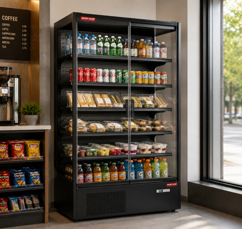 New Air NMD-50-2H Seamless Glass Door Refrigerated Merchandiser - Ideal for convenience/grocery stores, front-of-house, restaurants and cafés