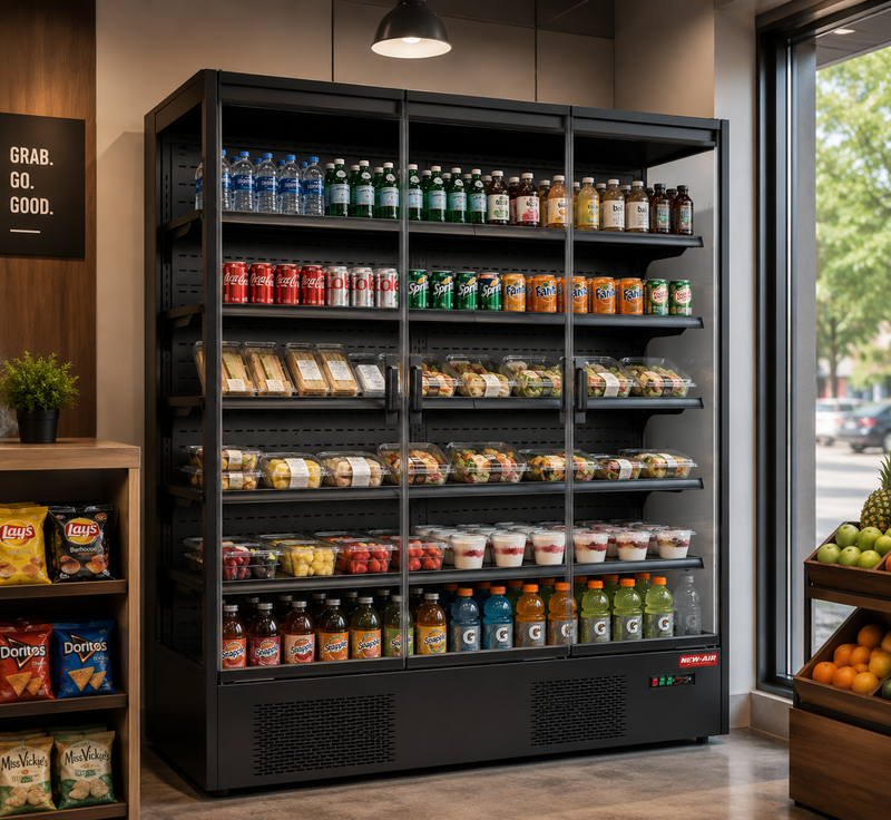 New Air NMD-74-3H Seamless Glass Door Refrigerated Merchandiser - Ideal for convenience/grocery stores, front-of-house, restaurants and cafés