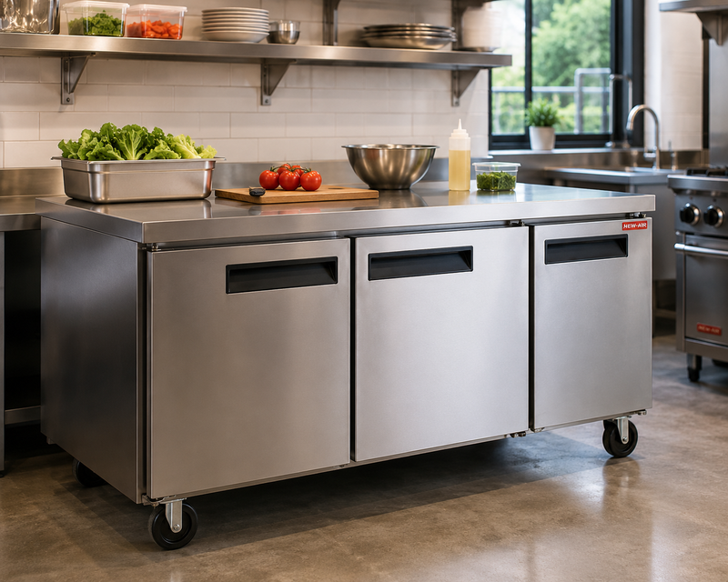 NEW AIR NUR-072-SS Commercial 72" Stainless Steel 19 cu ft Triple Door Undercounter REFRIGERATOR - Ideal For Commercial Kitchens, Restaurants and Cafeterias