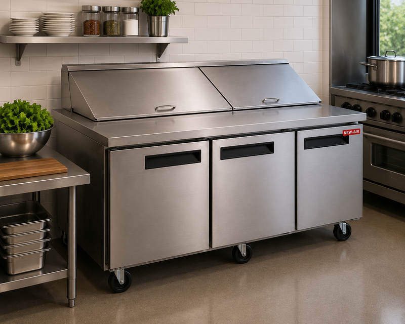 NEW AIR NPT-072-MSA Commercial 72" Mega Top Triple Door Salad/Sandwich Prep Table - Ideal for Restaurants, Cafeterias & Food Processing Spaces