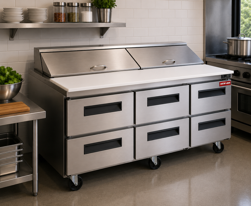 New Air NPT-72SA-6D 72" Refrigerated Salad/Sandwich Prep Table - Ideal for restaurants, cafeterias and food processing spaces
