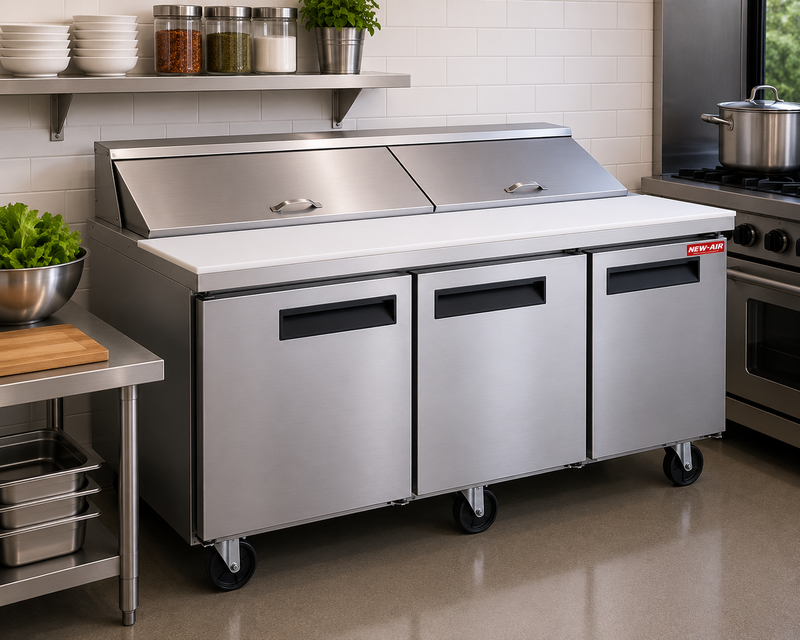 NEW AIR NPT-072-SA Commercial 72" Triple Door Salad/Sandwich Prep Table - Ideal for Restaurants, Cafeterias & Food Processing Spaces