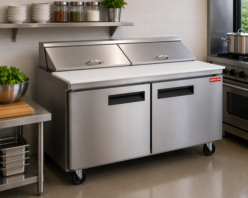 NEW AIR NPT-060-SA Commercial 60" Double Door Salad/Sandwich Prep Table - Ideal for Restaurants, Cafeterias & Food Processing Spaces