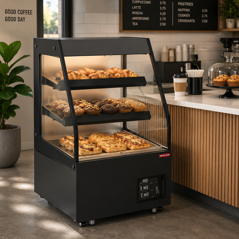 NEW AIR NOM-36-HTS Commercial 36" Mid Profile 6 Cu. Ft. Double Shelf Heated Open Merchandiser - Ideal for Restaurants, Cafés, Convenience Stores & Supermarkets