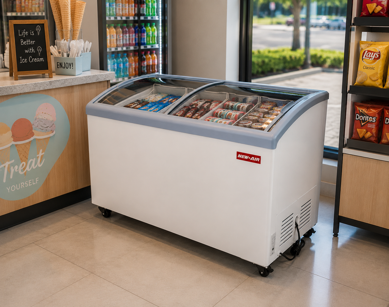 NEW AIR NIF-55-CG Commercial 55" Curved Glass 13 Cu. Ft. Ice Cream Freezer - Ideal for Restaurants, Convenience Stores, Supermarkets and Cafeterias
