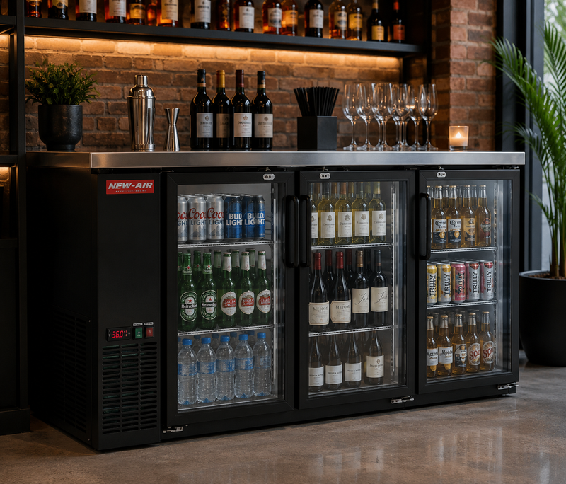 New Air NBB-72-SG Triple Glass Door 72" Narrow Back Bar Refrigerator Cooler - 555 L / 19.6 Cu. Ft. - Ideal for Bars, Restaurants, Hotels & Cafés