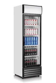 Side angle of Coolasonic 24 inch display refrigerator showing compact design