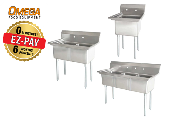Omega Stainless Steel Single, Double and Triple Compartment Sinks with Corner Drain - Various Sizes