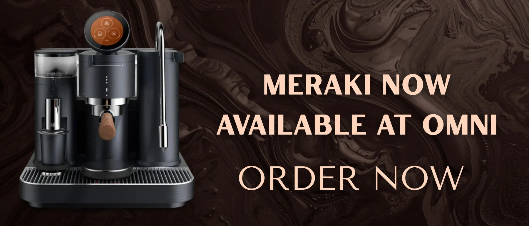 Espresso machine with promotional text for Meraki at Omni on a dark background