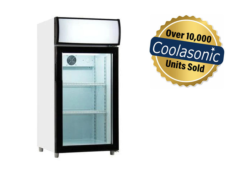 Compact glass door refrigerator for cafes, shops, and homes
