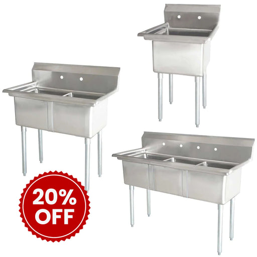 Omega Stainless Steel Single, Double and Triple Compartment Sinks - Various Sizes