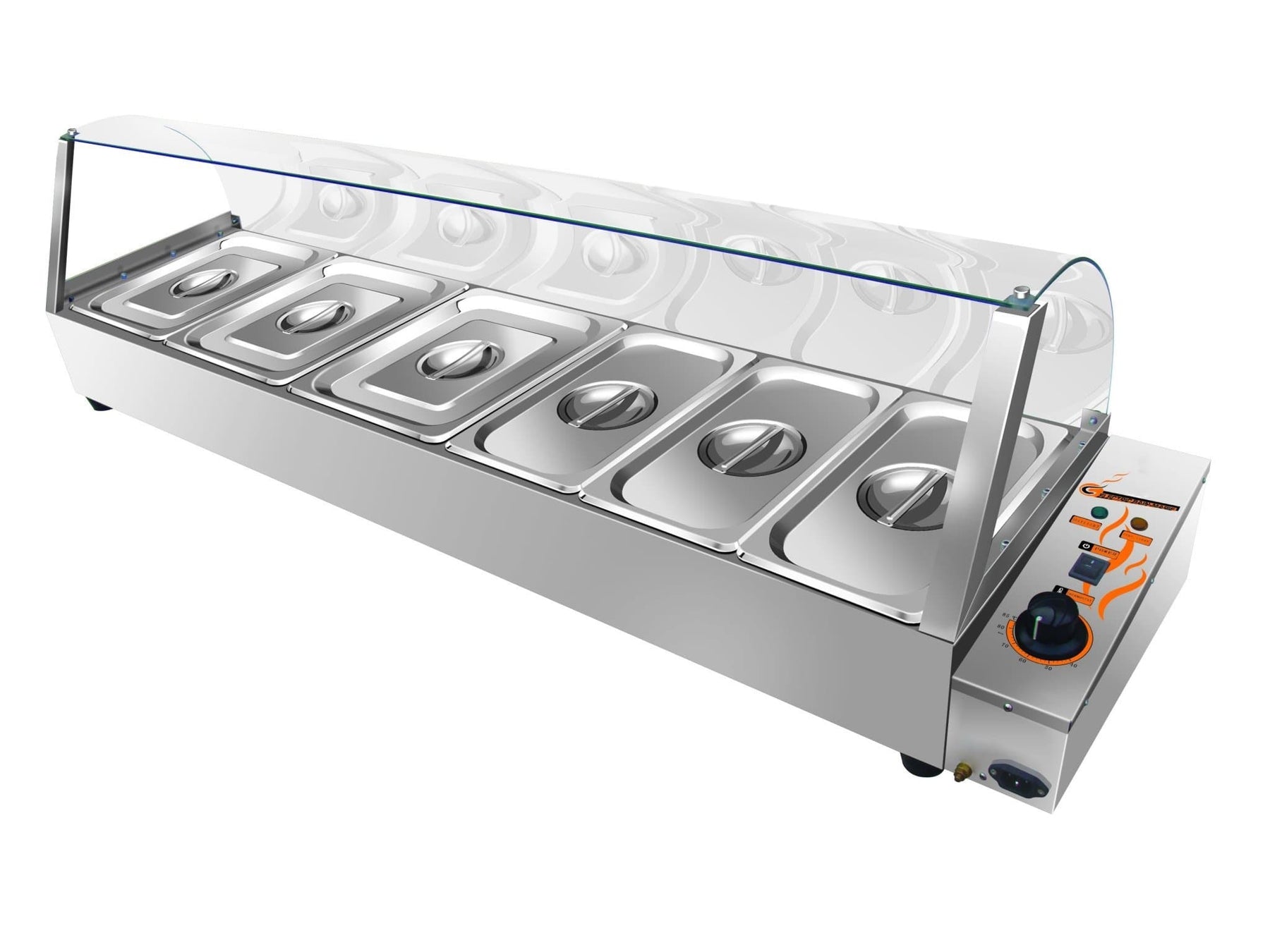 Omega ZEB-95 Electric Bain Marie with Curved Glass Guard - Fits 3 PCs 1/2 Size & 3 PCs 1/3 Size Pans - Omni Food Equipment